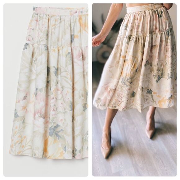 H&M Linen Blend Skirt Midi Pastel Floral New - Picture 1 of 6